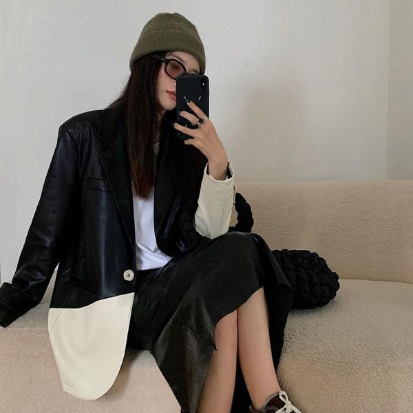 women's jackets coat long sleeve pu loose suit leather machine spring and autumn 2021 left color blocking, Black;brown
women's jackets coat long sleeve pu loose suit leather machine spring and autumn 2021 left color blocking, Black;brown