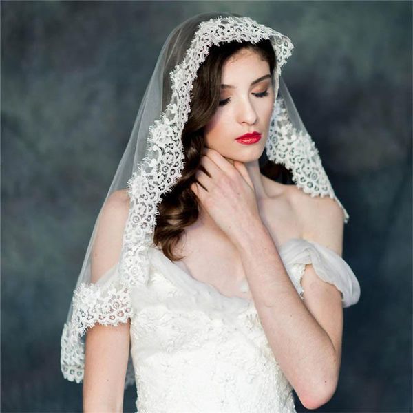 bridal veils one layer mantilla veil short white wedding lace edge mariage accessrioes veus de noivas 2021, Black