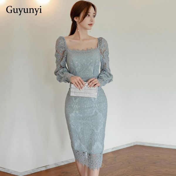 plain elegant party dress 2021 spring fashion square collar puff sleeve temperament high waist tight lace women casual dresses, Black;gray 
plain elegant party dress 2021 spring fashion square collar puff sleeve temperament high waist tight lace women casual dresses, Black;gray
