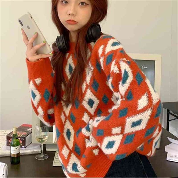 female retro diamond plaid color loose size large casual woman's sweater winter, White;black
female retro diamond plaid color loose size large casual woman's sweater winter, White;black