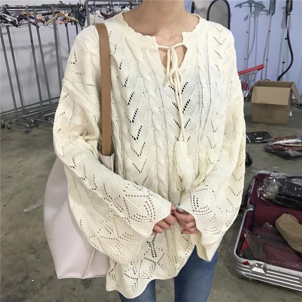women's sweaters fashion autumn women lace-up o-neck oversized 2021 korean chic long flare sleeve loose hollow knitted pullovers, White;black
women's sweaters fashion autumn women lace-up o-neck oversized 2021 korean chic long flare sleeve loose hollow knitted pullovers, White;black