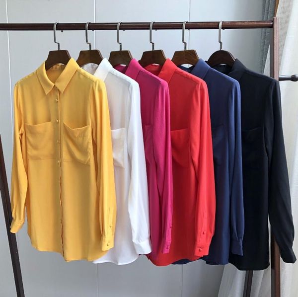women silk blouse long sleeve double pockets turn down collar soft elegant shirt french chemise femme women's blouses & shirts, White
women silk blouse long sleeve double pockets turn down collar soft elegant shirt french chemise femme women's blouses & shirts, White