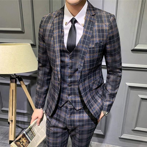 men's suits & blazers fashion banquet slim 2 piece suit set / male business plaid jacket pants trousers double breasted coat, White;black