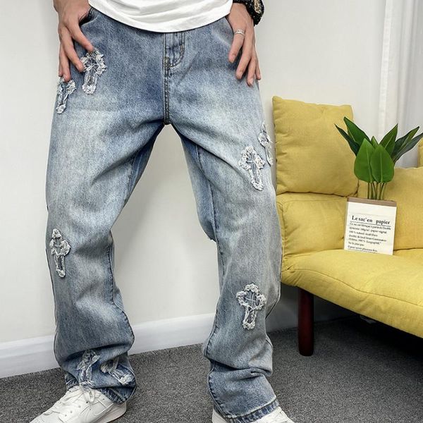 men's jeans mens japanese style teens streetwear baggy cross patchwork hip hop loose long denim pants straight casual trousers, Blue
men's jeans mens japanese style teens streetwear baggy cross patchwork hip hop loose long denim pants straight casual trousers, Blue