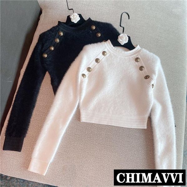 autumn and winter retro short sweater slim copper buckle pullover plush long sleeve for women, White;black
autumn and winter retro short sweater slim copper buckle pullover plush long sleeve for women, White;black