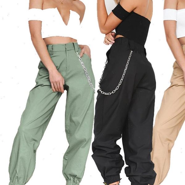high women pant street style solid cargo pants with chain fashion waist womens loose balck ankle length, Black;white
high women pant street style solid cargo pants with chain fashion waist womens loose balck ankle length, Black;white