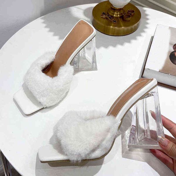 slippers cozy black white fur slide pumps for women square toe transparent strange heels summer party shoes sandals 220308
slippers cozy black white fur slide pumps for women square toe transparent strange heels summer party shoes sandals 220308
