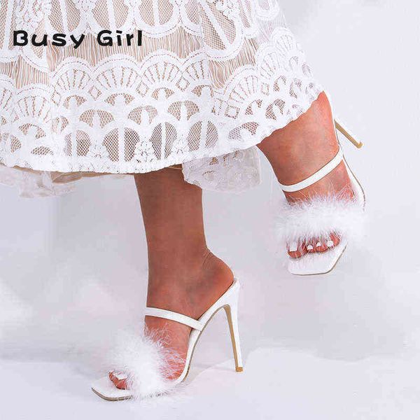 white hairy women's wedding shoes square toe with stiletto party high heels y220225, Black 
white hairy women's wedding shoes square toe with stiletto party high heels y220225, Black