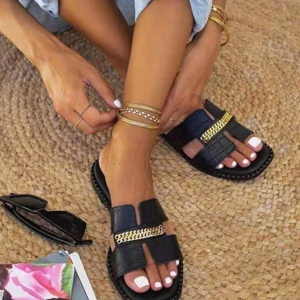 slippers 2021 luxury women flat flip flops double chain sandal shoes lady flats sandals woman, Black
slippers 2021 luxury women flat flip flops double chain sandal shoes lady flats sandals woman, Black
