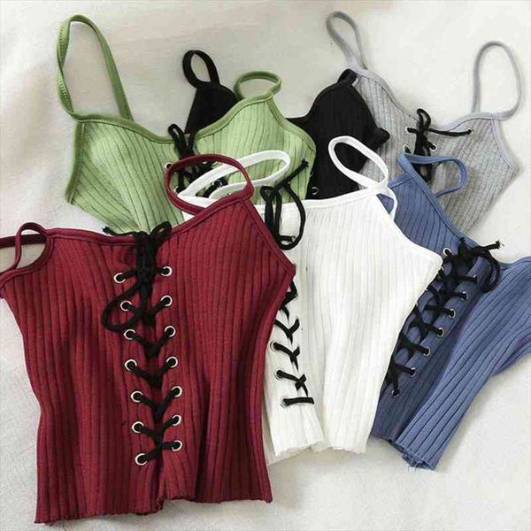 knitted rib lace women tanks up front solid drawstring eyelet sleeveless camis spaghetti crop feminino, White
knitted rib lace women tanks up front solid drawstring eyelet sleeveless camis spaghetti crop feminino, White