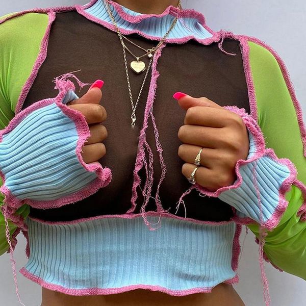 women's t-shirt patchwork mesh crop women autumn club party see-through transparent long sleeve tee shirt female, White
women's t-shirt patchwork mesh crop women autumn club party see-through transparent long sleeve tee shirt female, White