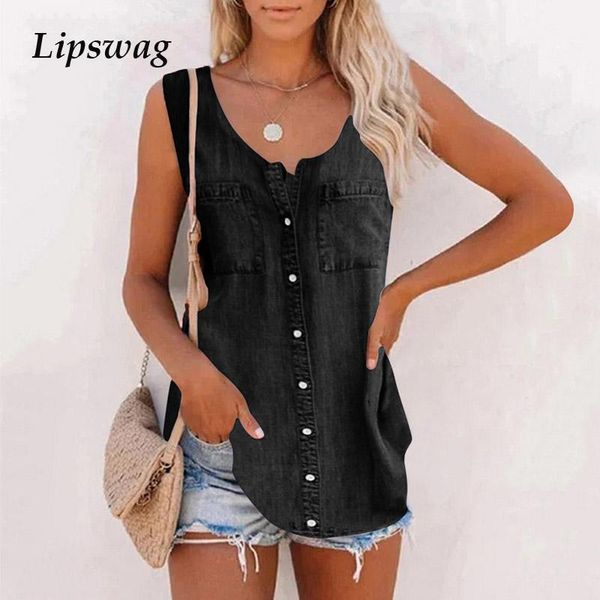 women's blouses & shirts casual v neck button vintage denim blouse women summer sleeveless tank 2021 fashion pockets solid blusas stre, White
women's blouses & shirts casual v neck button vintage denim blouse women summer sleeveless tank 2021 fashion pockets solid blusas stre, White