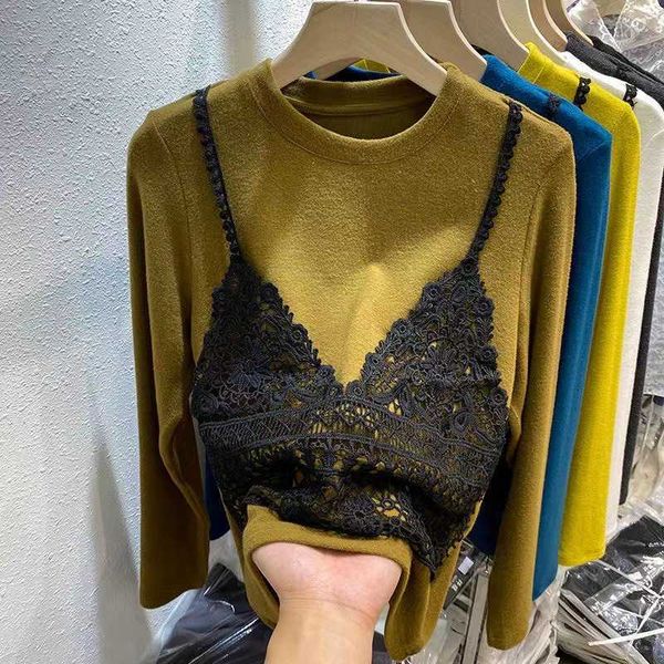 women's sweaters small exquisite frosted warm lace stitching fake two long sleeved t-shirt women's foreign style inner bottom shir, White;black
women's sweaters small exquisite frosted warm lace stitching fake two long sleeved t-shirt women's foreign style inner bottom shir, White;black
