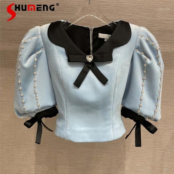 women's blouses & shirts sweet v-neck beaded bow puff short sleeve blue ladies 2021 summer diamonds tunics cropped female blusa mujer, White
women's blouses & shirts sweet v-neck beaded bow puff short sleeve blue ladies 2021 summer diamonds tunics cropped female blusa mujer, White