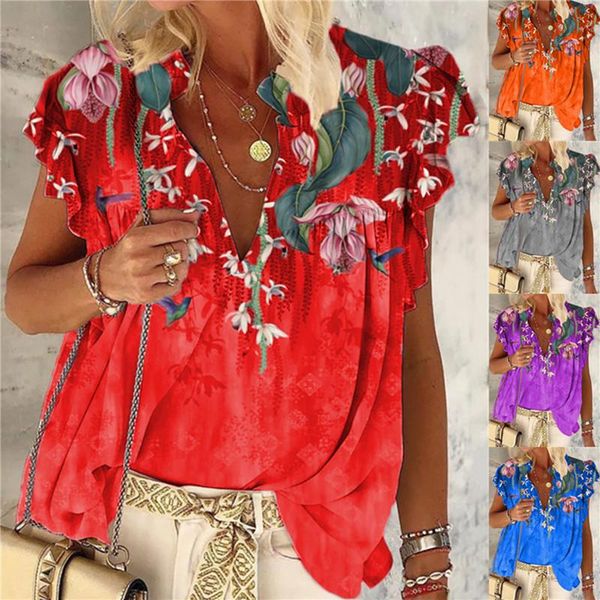 women's t-shirt ladies printed petal sleeve casual loose clothing comfortable large size summer short, White
women's t-shirt ladies printed petal sleeve casual loose clothing comfortable large size summer short, White