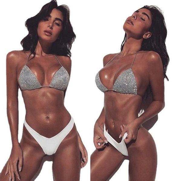 women's swimwear bikini 2021 shining silver halter swimsuit women bikinis set bathing suit beach female trajes de bano mujer, White;black
women's swimwear bikini 2021 shining silver halter swimsuit women bikinis set bathing suit beach female trajes de bano mujer, White;black