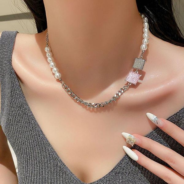 pendant necklaces titanium steel pearl square crystal necklace korean trend niche design cold wind clavicle chain temperament female, Silver