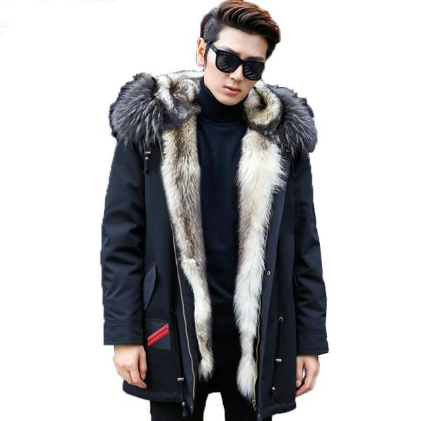 men's leather & faux winter jacket real wolf fur coat men parka homme racoon collar luxury parkas plus size manteau hiver kj1155, Black
men's leather & faux winter jacket real wolf fur coat men parka homme racoon collar luxury parkas plus size manteau hiver kj1155, Black