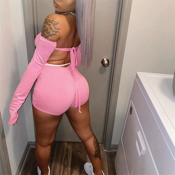 women trendy streetwear jumpsuit shorts off-shoulder solid color casual long sleeve backless bandage skinny playsuit, Black;white
women trendy streetwear jumpsuit shorts off-shoulder solid color casual long sleeve backless bandage skinny playsuit, Black;white