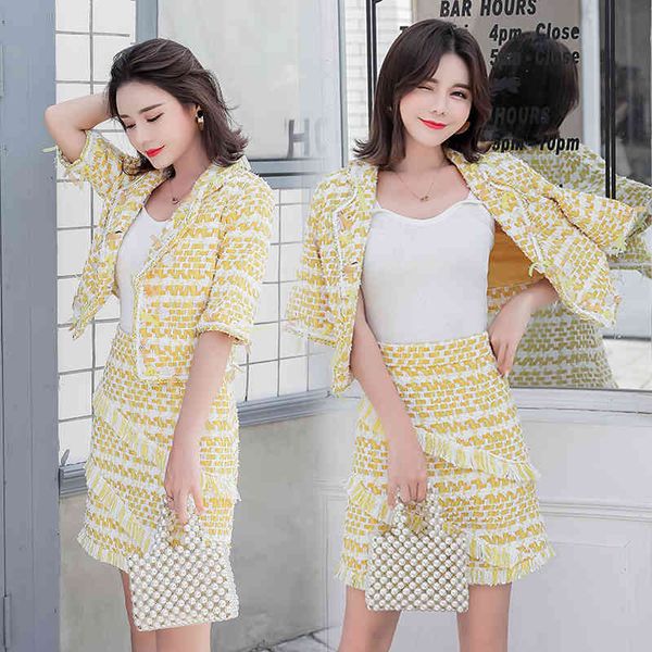 two piece dress runway designer ladies wool tweed set women elegant yellow notched collar striped short jacket coat+pencil skirt s, White 
two piece dress runway designer ladies wool tweed set women elegant yellow notched collar striped short jacket coat+pencil skirt s, White