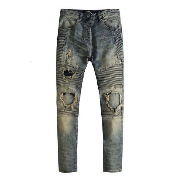 am tide brand yellow mud dirty washing water make old hole locomotive jeans man punk slim high street, Blue
am tide brand yellow mud dirty washing water make old hole locomotive jeans man punk slim high street, Blue