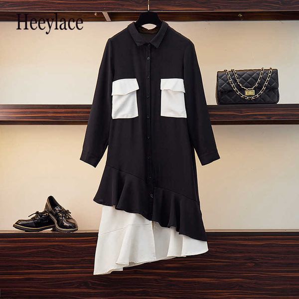 xl-4xl plus size women vintage shirt dress autumn 2019 high street fashion long sleeve patchwork ruffle loose casual dresses y1006, Black;gray
xl-4xl plus size women vintage shirt dress autumn 2019 high street fashion long sleeve patchwork ruffle loose casual dresses y1006, Black;gray