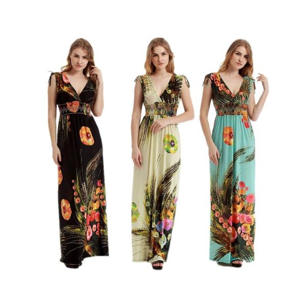 casual dresses summer fashion large dress urban leisure plus long print v-neck ice silk temperament fresh and sweet, Black;gray