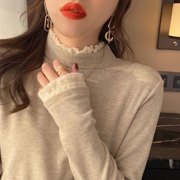 women's t-shirt cationic turtleneck long sleeve women autumn and winter lace stitching coat, White
women's t-shirt cationic turtleneck long sleeve women autumn and winter lace stitching coat, White