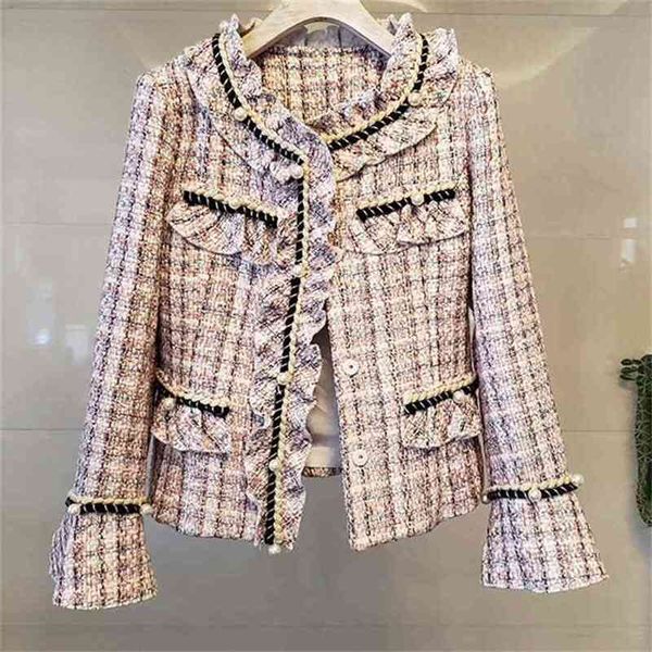 vintage plaid weave tweed jacket women flare long sleeve pearls patchwork ruffles wool coat elegant outwear 210603, Black;brown
vintage plaid weave tweed jacket women flare long sleeve pearls patchwork ruffles wool coat elegant outwear 210603, Black;brown