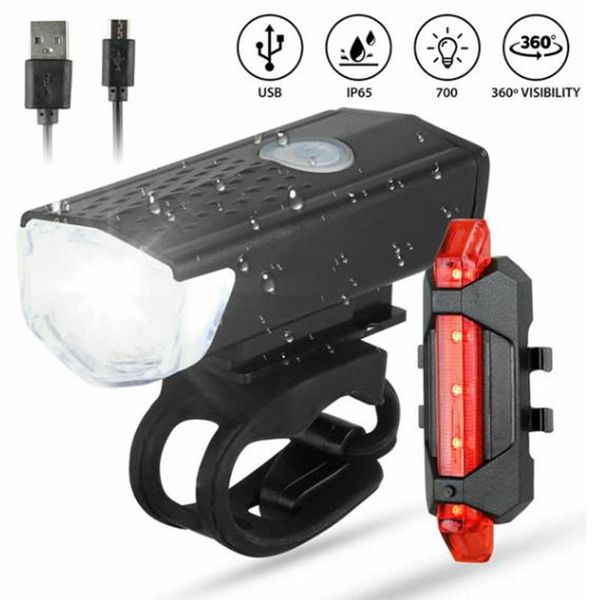 bike lights 2pcs rechargeable 300 lumens bicycle led front headlight + rear taillight warning
bike lights 2pcs rechargeable 300 lumens bicycle led front headlight + rear taillight warning
