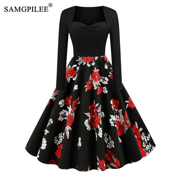casual dresses samgpilee multicolor floral print sweetheart neckline long sleeve midi dress women 2021 autumn vintage style a line swing, Black;gray 
casual dresses samgpilee multicolor floral print sweetheart neckline long sleeve midi dress women 2021 autumn vintage style a line swing, Black;gray