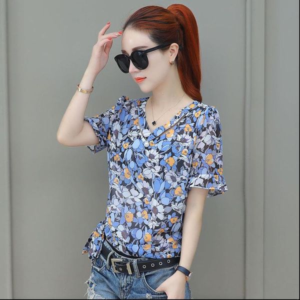 women shirts spring summer style chiffon blouses lady casual short flare sleeve v neck flower printed blusas df2911, White
women shirts spring summer style chiffon blouses lady casual short flare sleeve v neck flower printed blusas df2911, White
