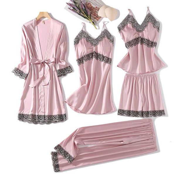 tianluo spring and summer pajamas women's five piece set of silk thin style with chest cushion, suspender, nightdress, wome two pants, White
tianluo spring and summer pajamas women's five piece set of silk thin style with chest cushion, suspender, nightdress, wome two pants, White