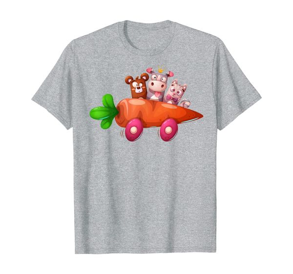 cute rhino, bear and cat travel in the carrot car t-shirt, White;black 
cute rhino, bear and cat travel in the carrot car t-shirt, White;black