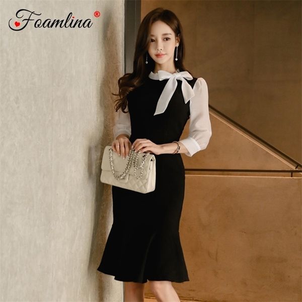 elegant women patchwork bodycon dress korean ol fashion bowkot 3/4 sleeve ruffles casual office es 210603, Black;gray
elegant women patchwork bodycon dress korean ol fashion bowkot 3/4 sleeve ruffles casual office es 210603, Black;gray