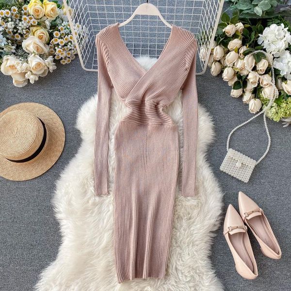 casual dresses 2021 spring autumn lady elegant knitted dress tidy long sleeve women v-neck rip strip slim solid g908, Black;gray