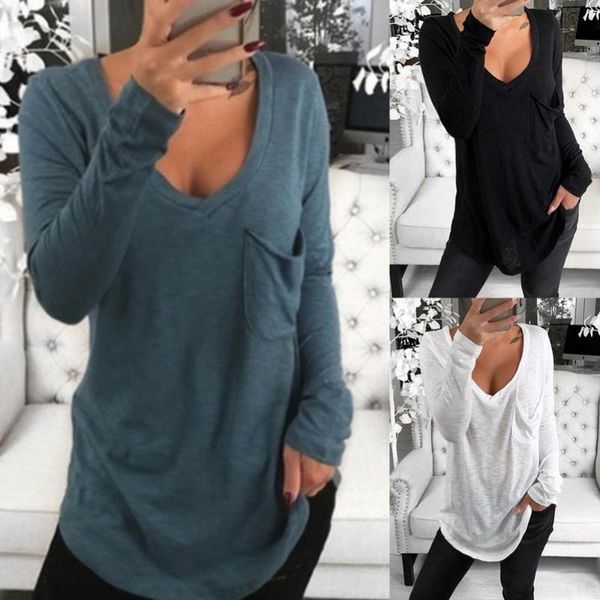 women's t-shirt women 2021 fashion solid color deep v long sleeve front pocket loose tunic female clothing, White
women's t-shirt women 2021 fashion solid color deep v long sleeve front pocket loose tunic female clothing, White