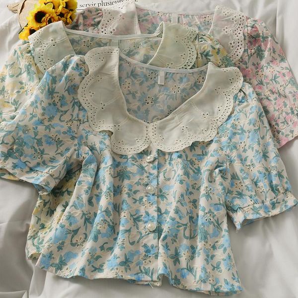 women's blouses & shirts women fashion outdoor casual flowers printed short sleeves blouse ladies ol sweet girls student elegant daily, White