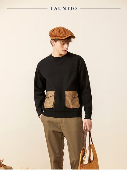 men's sweaters round neck pullover threaded cuffs fashion shirt for men, versatile commuter pocket design trendy sweater men, White;black
men's sweaters round neck pullover threaded cuffs fashion shirt for men, versatile commuter pocket design trendy sweater men, White;black