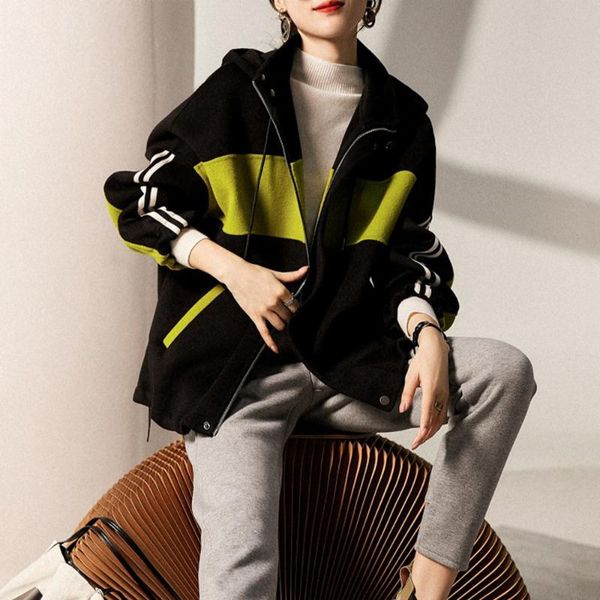women's wool & blends winter color-blocking hooded woolen coat autumn 2021 sports outerwear wild loose casual temperament jacket, Black
women's wool & blends winter color-blocking hooded woolen coat autumn 2021 sports outerwear wild loose casual temperament jacket, Black