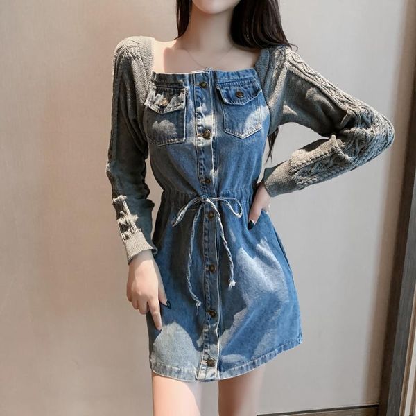 casual dresses korean spring women denim dress fake two-piece elegant square neck patchwork sweater long sleeves slim party female, Black;gray
casual dresses korean spring women denim dress fake two-piece elegant square neck patchwork sweater long sleeves slim party female, Black;gray
