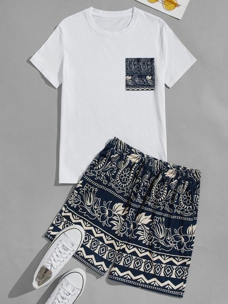 men pocket patched tee & floral print shorts 72lk#, Gray