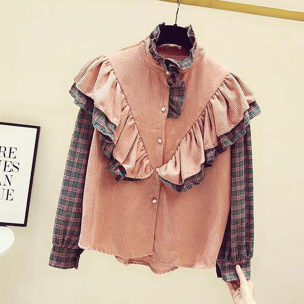 women's blouses & shirts 2021 autumn and winter ruffled corduroy shirt for women loose stand collar retro plaid long sleeve blouse fema, White
women's blouses & shirts 2021 autumn and winter ruffled corduroy shirt for women loose stand collar retro plaid long sleeve blouse fema, White