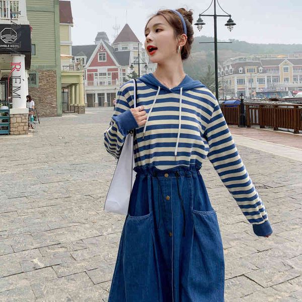 women contrast color big size denim fake two dress hooded neck long sleeve loose fashion spring autumn 2f0091 210507, Black;gray
women contrast color big size denim fake two dress hooded neck long sleeve loose fashion spring autumn 2f0091 210507, Black;gray