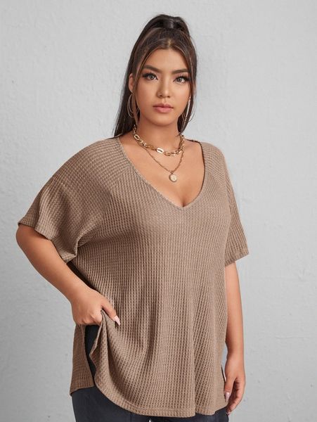plus waffle knit split high low tee 637n#, Black