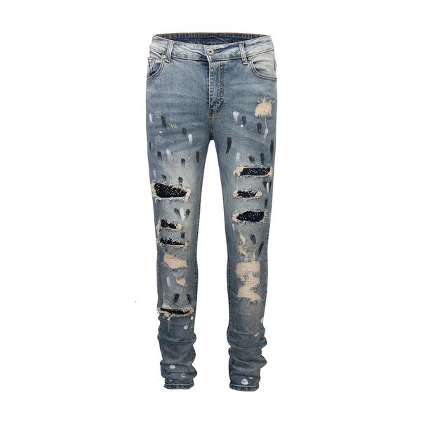 2021 black quality slim fit ny ripped hiphop high street dimond embroidery men denim jeans trousers, Blue
2021 black quality slim fit ny ripped hiphop high street dimond embroidery men denim jeans trousers, Blue