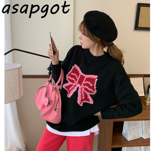 black bow pullovers knitted sweater women casual vintage o neck long sleeve loose mid-length print love heart knitwear pull 210429, White;black
black bow pullovers knitted sweater women casual vintage o neck long sleeve loose mid-length print love heart knitwear pull 210429, White;black