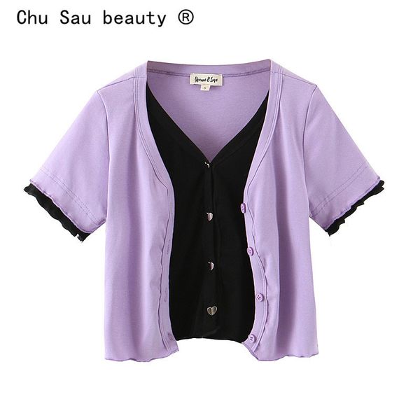 women summer casual taro purple fake two pieces of love buttons short-sleeved curling shirt cardigan 210514, White
women summer casual taro purple fake two pieces of love buttons short-sleeved curling shirt cardigan 210514, White