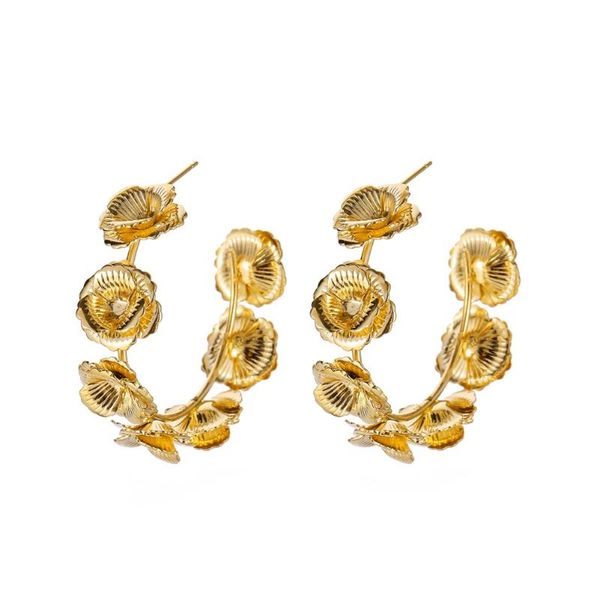 hoop & huggie metal flower c-shaped earrings rose gold-plated hypoallergenic, Golden;silver