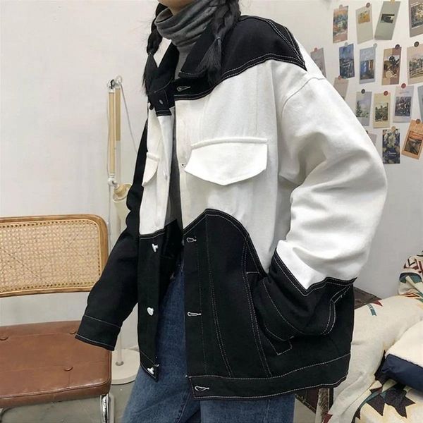 women's jackets streetwear korean gothic black white stitching denim jacket female vintage loose long-sleeved coat harajuku punk outwea, Black;brown
women's jackets streetwear korean gothic black white stitching denim jacket female vintage loose long-sleeved coat harajuku punk outwea, Black;brown